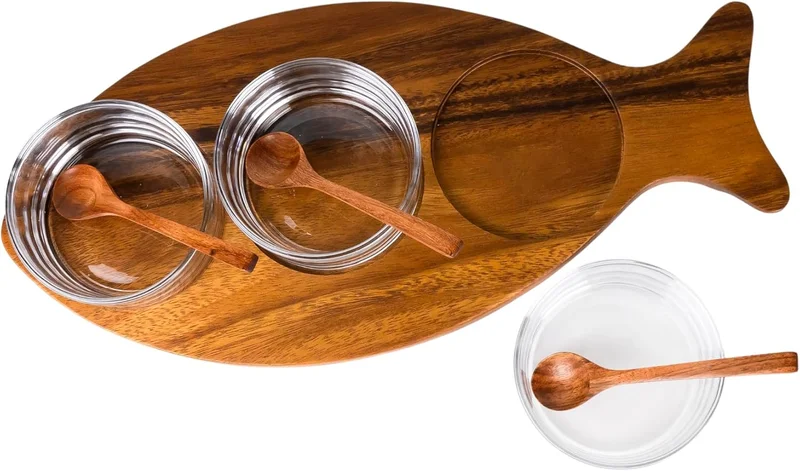 بيلي طقم توابل خشبي أكاسيا بتصميم سمكة بيلي - يتضمن 3 أوعية زجاجية و 3 ملاعق خشبية، صينية تقديم أنيقة من خشب الأكاسيا للصلصات والتوابل والمقبلات